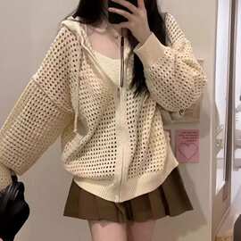 春秋韩版镂空连帽毛衣开衫女宽松慵懒风纯色百搭针织衫薄款外套