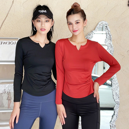 2024 Spring New Long-Sleeve Slimming Bare-Fit Sports T-Shirt Running Quick-Dry Fitness Top Creased V-Neck Yoga Top for Women