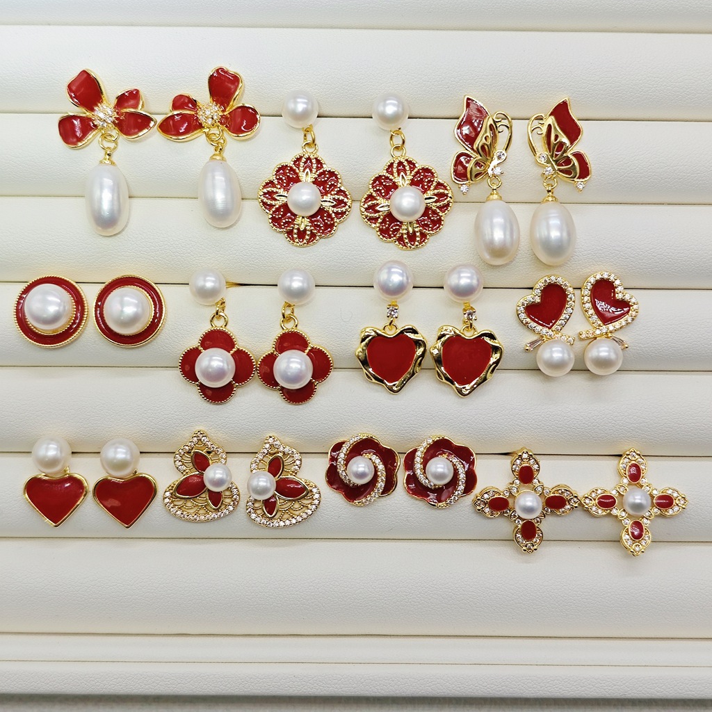 Natural Freshwater Pearl Ancora Red Enamel Drop Glaze Flower Earrings for Women New Fashion New Year Earrings and Earrings