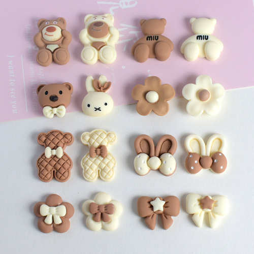 Bestselling Rice Coffee Milk Tea Color miu Bear Strawberry Bear Bow Tie Phone Case Resin Accessory Decoration Parts pj448
