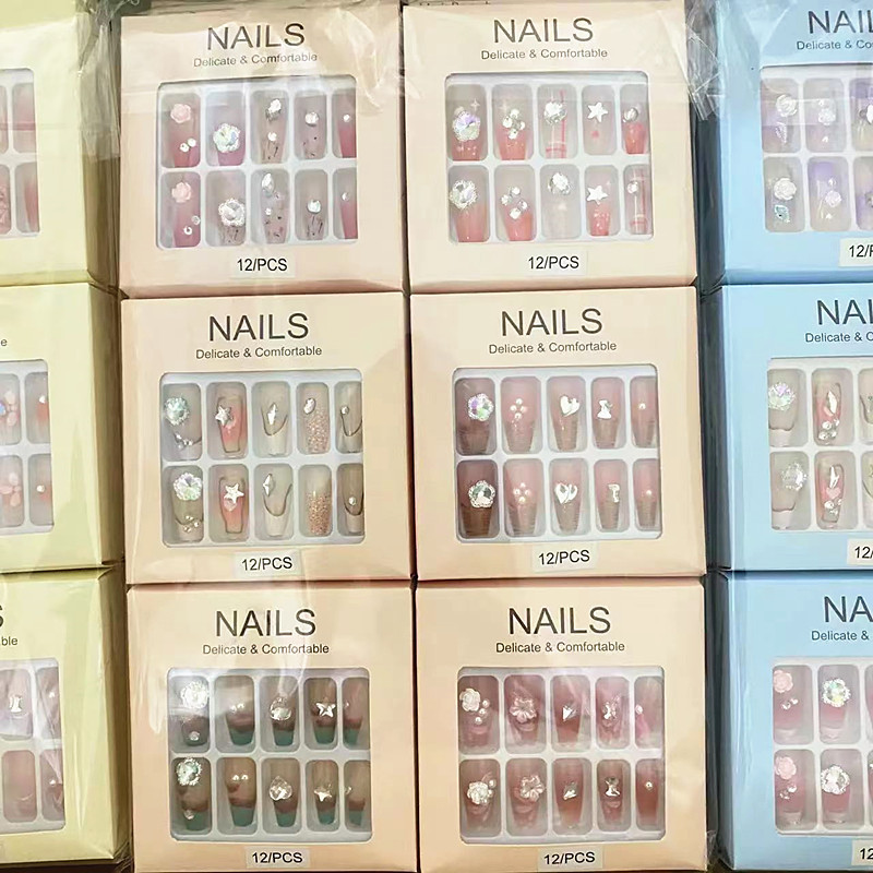 Boxed Multi-Drill Fashion Wearable Nails 3D Boxed Square and Round Frame Manicure Tool Kit Jelly Glue Fake Nails Wholesale