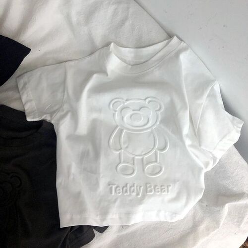 Baby's T-shirt with Small Bear Embroidery, South Korean Children's 3D Embroidery Soft Cotton Short-Sleeve T-shirt for Boys and Girls, Casual Top