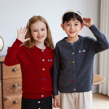 100纯羊毛男女童同款针织开衫圆领宝宝加厚毛衣彩色包扣刺绣外套