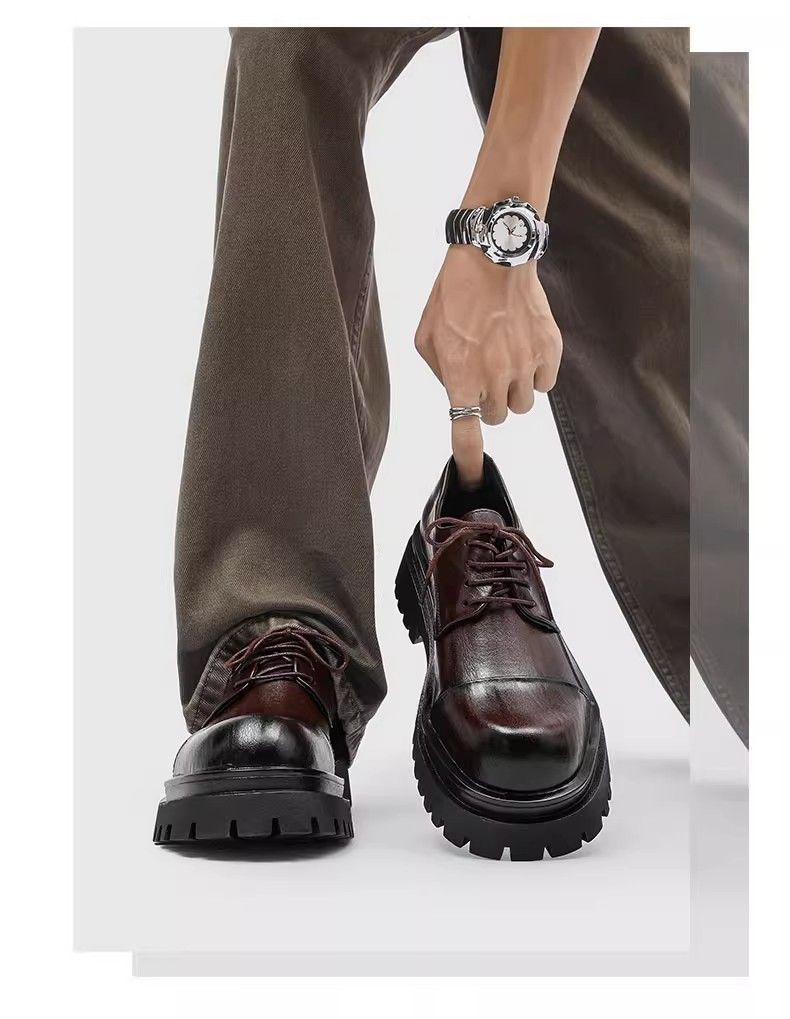 ShoeVault Britischer Modetrend Herren-Lederschuhe Dicke Sohle Derby Zehenkappe Business Hochzeit Bräutigam Weiche Oberfläche Sport Freizeit_voghion.com