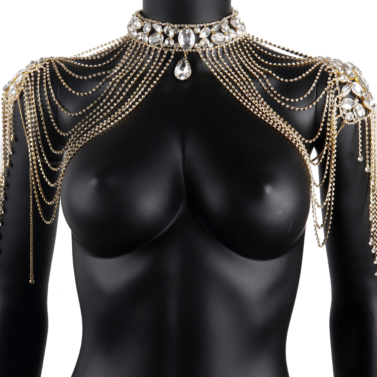 High-end Western-style evening gown accessories with water droplet shoulder chain sets, suitable for bridesmaids, performances, princess costumes, and evening wear.
