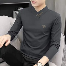 秋冬男士大V领长袖T恤新款刺绣棉保暖男装打底衫厂家批发