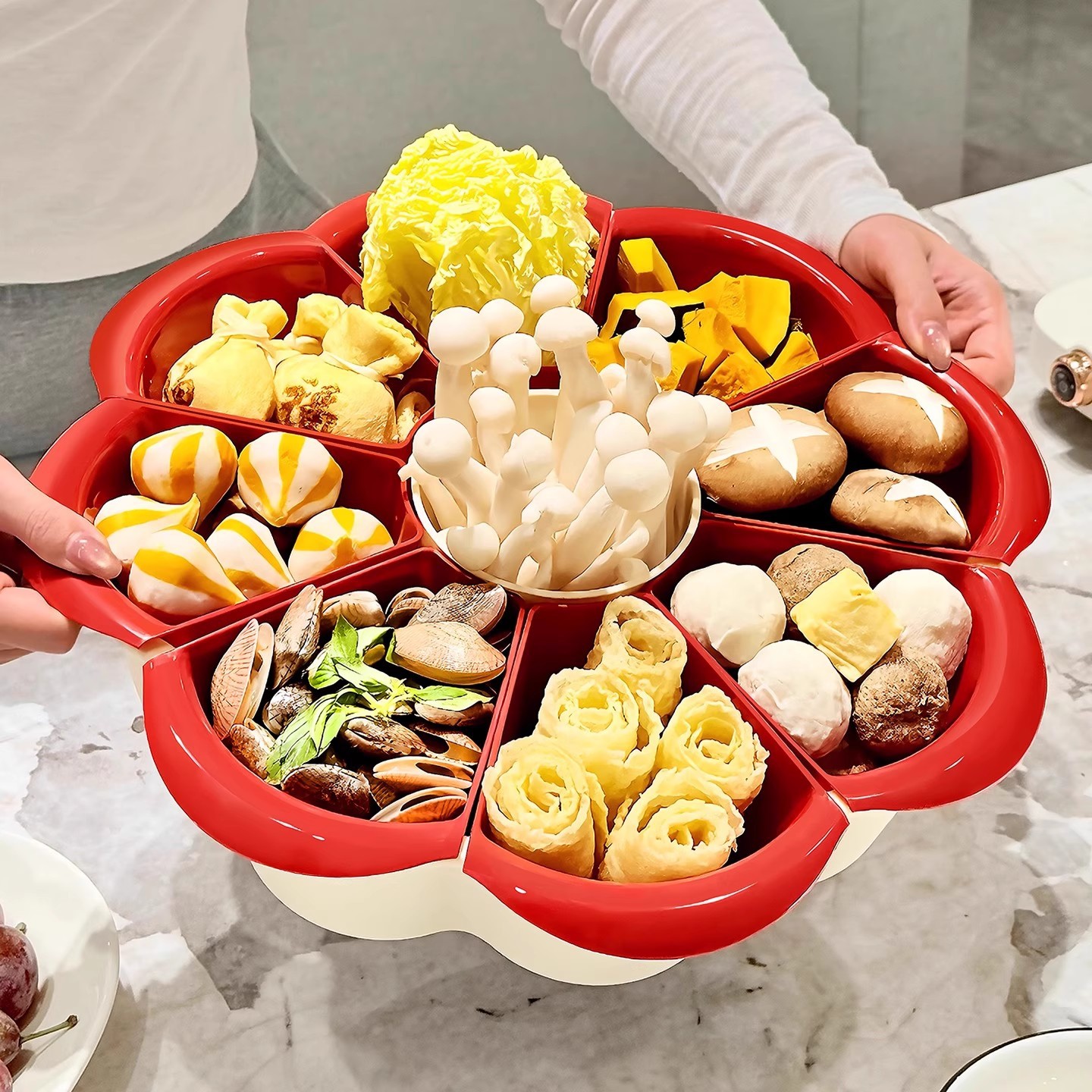 Household Hot Pot Plate, Rotatable Small Dish Preparation Plate, Water Drain Compartment, Multi-Functional Platter, Onion, Ginger, Garlic, Fruit and Vegetable Plate