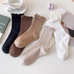 Socks for women, warm coffee color, ear-rimmed mid-calf women's socks, four seasons ins style women's sweat-absorbent stockings, loose mouth confinement socks, cotton