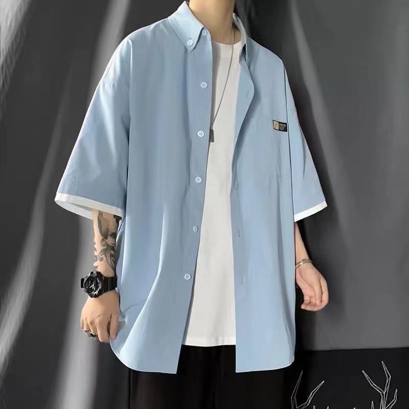 Summer Short-sleeved Shirt Men's Solid Color Casual Hong Kong Style Ins Loose Japanese Fashionable Fake Two-piece Niche Shirt Jacket