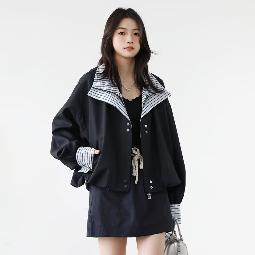 美式复古高级感棒球服外套女学生春季宽松格纹拼接假两件工装风衣