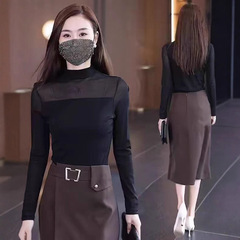 加绒不加价！半高领网纱气质打底衫女长袖t恤黑修身显瘦内搭上衣