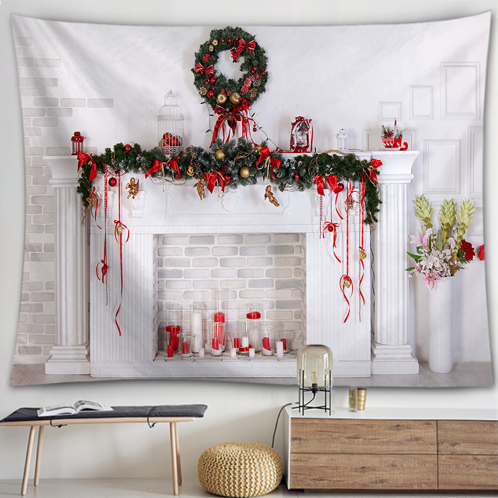 跨境定制圣诞挂毯 北欧卡通壁炉圣诞树床头卧室背景墙面装饰挂毯