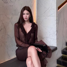 薄纱透视紫 法式花边衬衣荷叶边v领雪纺衬衫女秋季长袖上衣25新款