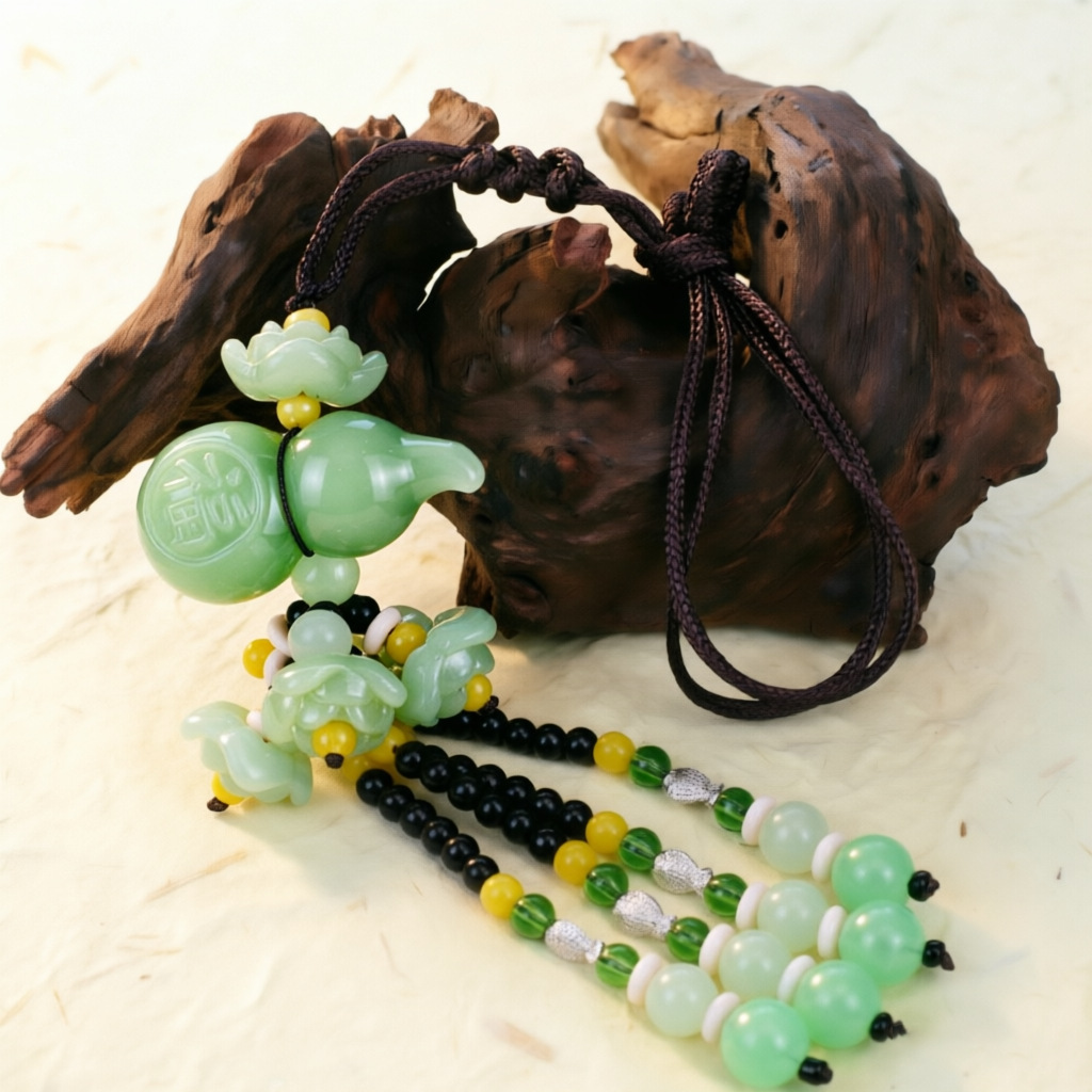 Double-Sided Light Green Jade Pendant with Safe Journey Symbol, Gourd, Pixiu, Guanyin, Maitreya Buddha, and Lotus Design for Car Decoration