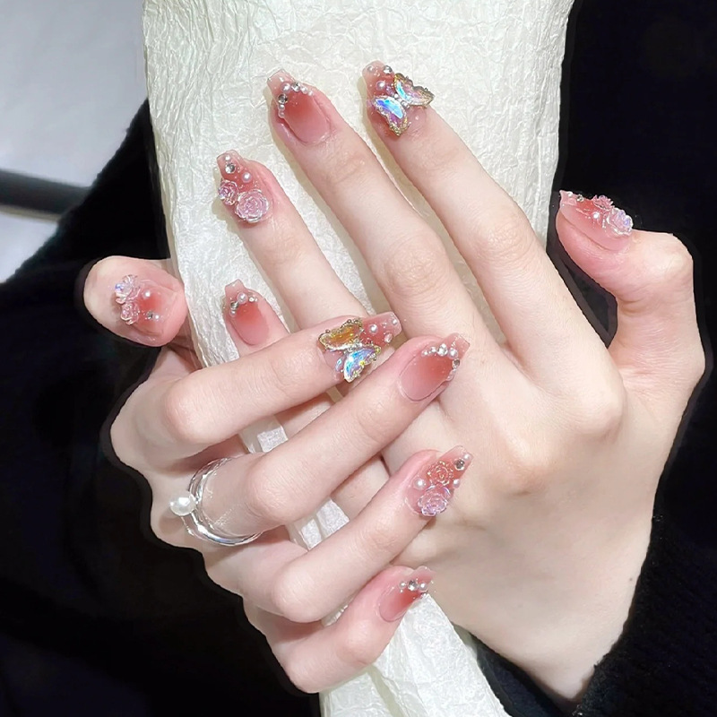 Wear nail sticker crystal butterfly Pearl Camellia fake nail patch blush mid-length nail sticker wholesale