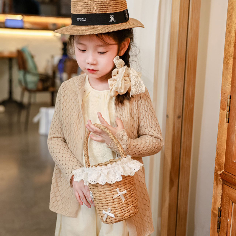 Bonita bolsa de decoración para niños y niñas de encaje dulce bolsas de balde de bebés de paja de moda bolsas de mano para niños