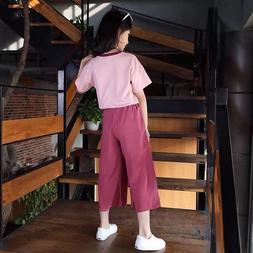 Girls casual suit  new summer style medium and large children's cute and stylish cartoon printed T-shirt wide-leg pants two-piece set