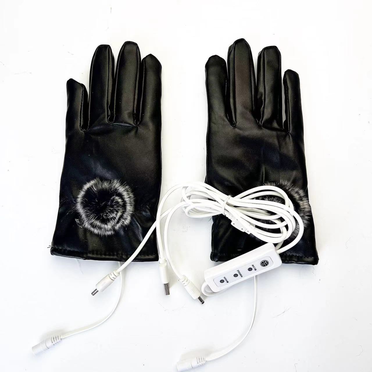 Heating Gloves Women's PU leather electric touch screen gloves USB electric 5-finger warm gloves_voghion.com