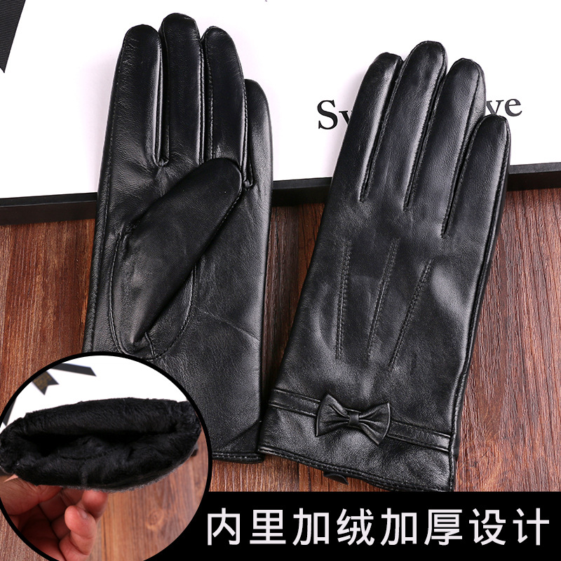 Guantes de piel de oveja de otoño e invierno para mujer forrados de lana engrosados deportes al aire libre guantes de pantalla táctil de arco de moda a prueba de frío cálido