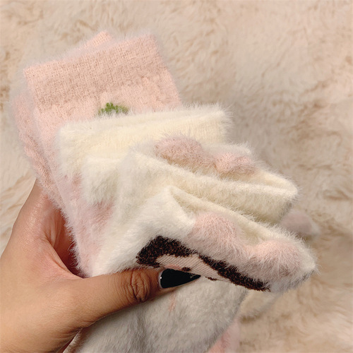 Rabbit Velvet Socks Women's Autumn and Winter Thickened Warm Socks Floor Socks Plush Soft Breathable Pink Strawberry Girls' Socks