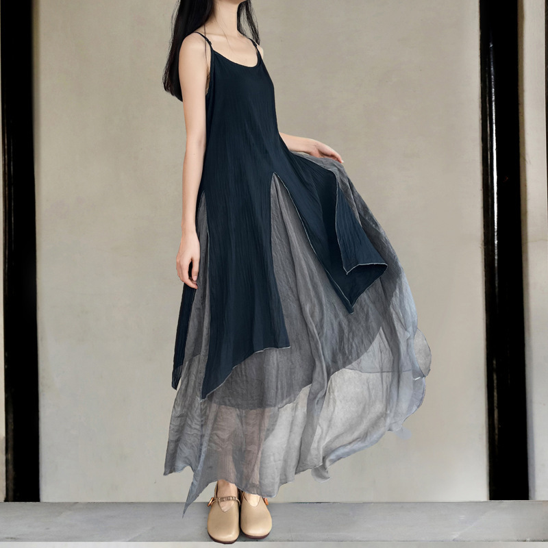 Plum's Homemade Combed Cotton, Crumpled Carbon-Dyed Three-Layer Patchwork Yarn, Long White-Enhancing Slip Dress, Flowing Dress