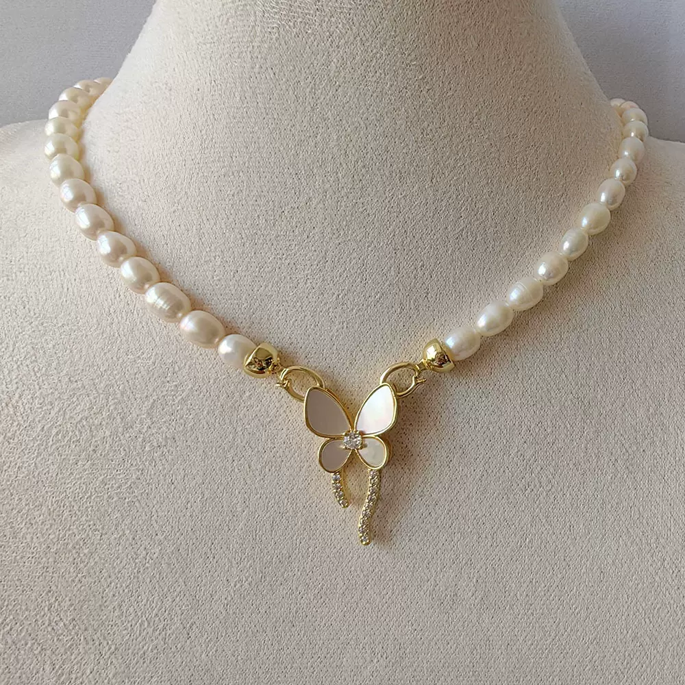 天然淡水珍珠项链串珠饰品蝴蝶结女生珠宝首饰颈链配饰2024新款