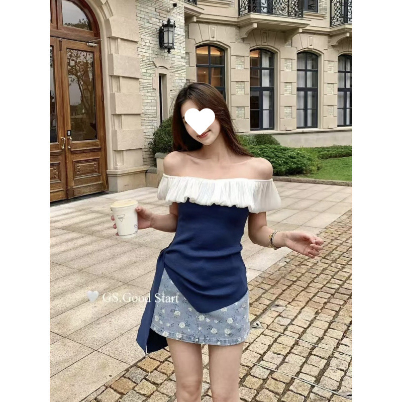 R58 Summer New Style Atmosphere Retro French Pure Desire Shoulder Lotus Collar Chic Knitwear