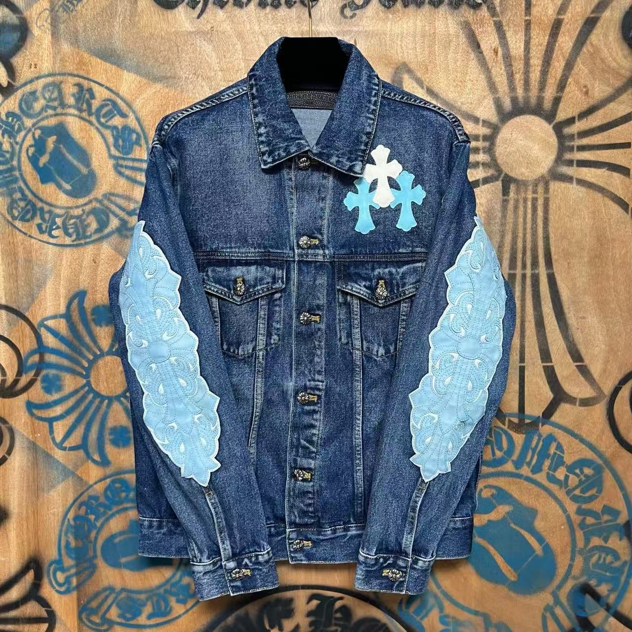 Autumn and Winter New American High Street Ch Men's and Women's Crochet Sleeve Cross Flower Leather Denim Loose Jacket Jacket for Couples
