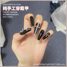 新款手工穿戴甲 黑色朋克风克罗心美甲假指甲欧美外贸成品批发A12