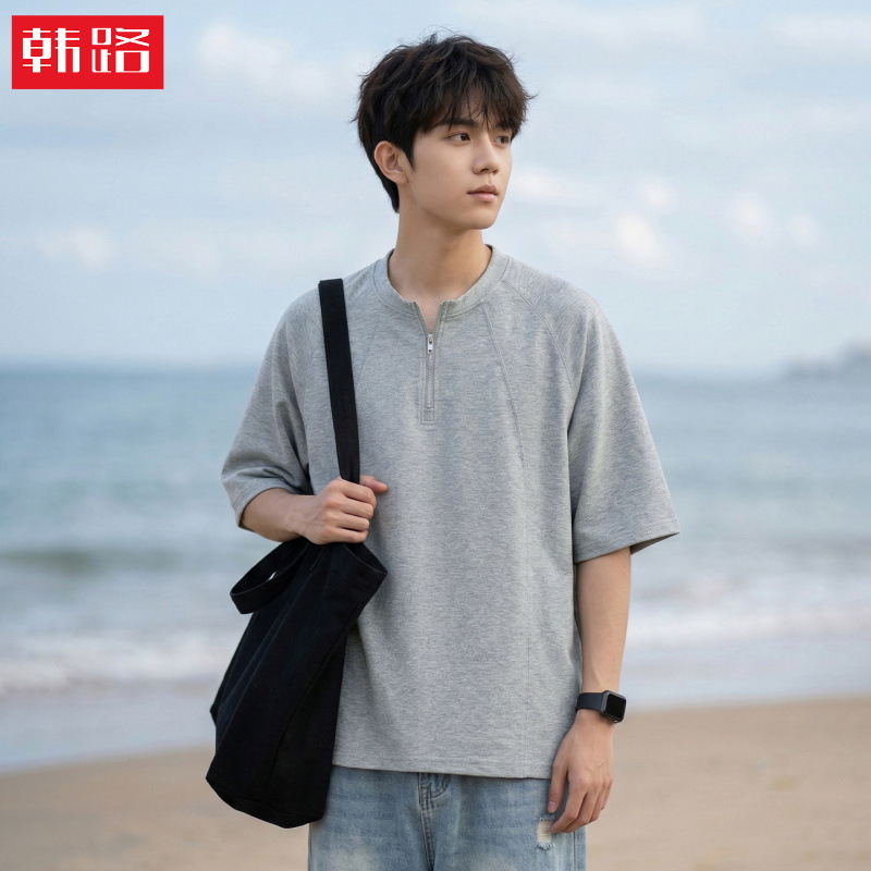 Three-Dimensional Cut Design Half-Zip Short-Sleeve T-Shirt for Men, Summer Style, High Street American Style, Textured Air Layer Half-Sleeve Tee Three-Dimensional Cut Design Half-Zip Short-Sleeve T-Shirt for Men, Summer Style, High Street American Style, Textured Air Layer Half-Sleeve Tee
