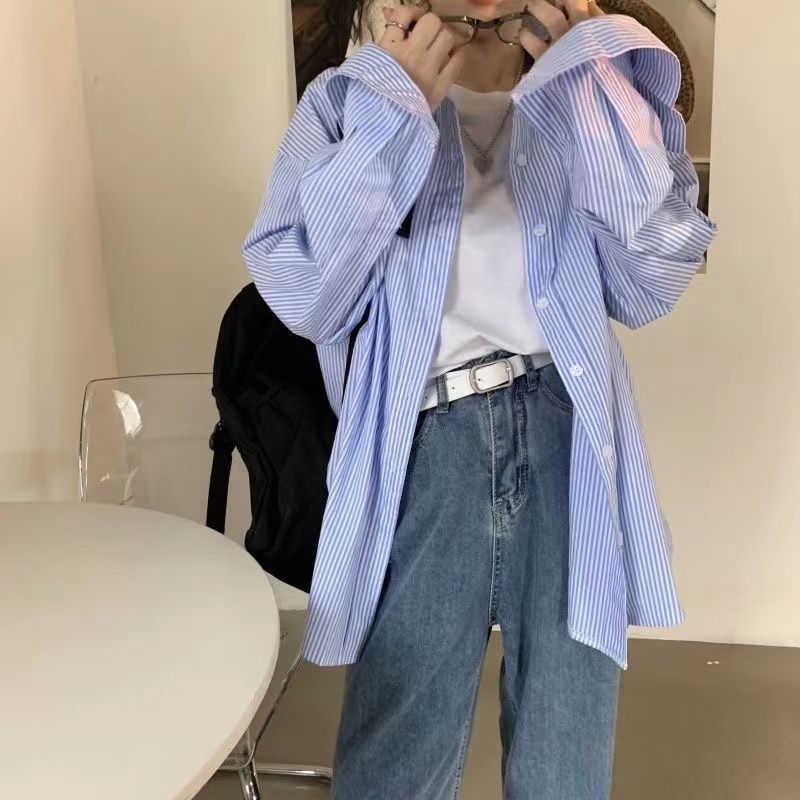 ストライプの長袖のシャツの女性の春秋の服の新型の日焼け止めのゆったりしたbfの風のゆったりしている中の長いストライプの百合のコートの女性|undefined