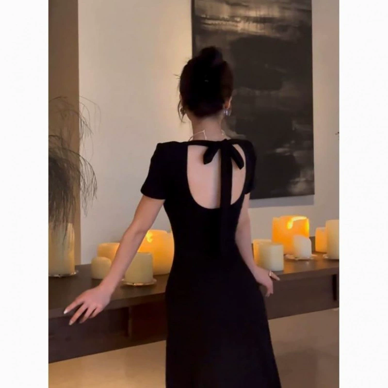 Черное женское платье без спинки во французском ретро-стиле Хепберн, летнее, элитное, элегантное, с утягивающим эффектом на талии, длинная юбка А-силуэта