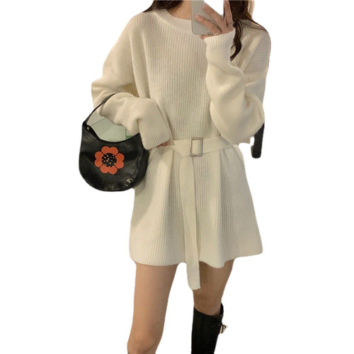 Japanese-style lazy wind-long women's sweater 2025 autumn/winter new round neck loose belt knitted sweater women's coat