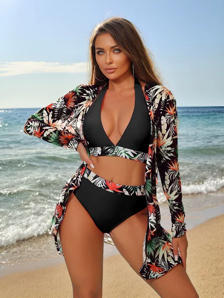 2025 Sexy European and American Three-Piece Sun Protection Shirt Long-Sleeved Printed High-Waisted Beach Cross-Border Export Amazon Bikini