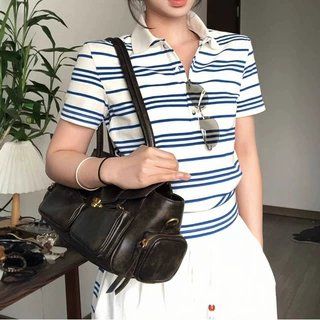 法式别致蓝白条纹POLO衫短袖t恤女夏季设计感翻领正肩短款上衣薄
