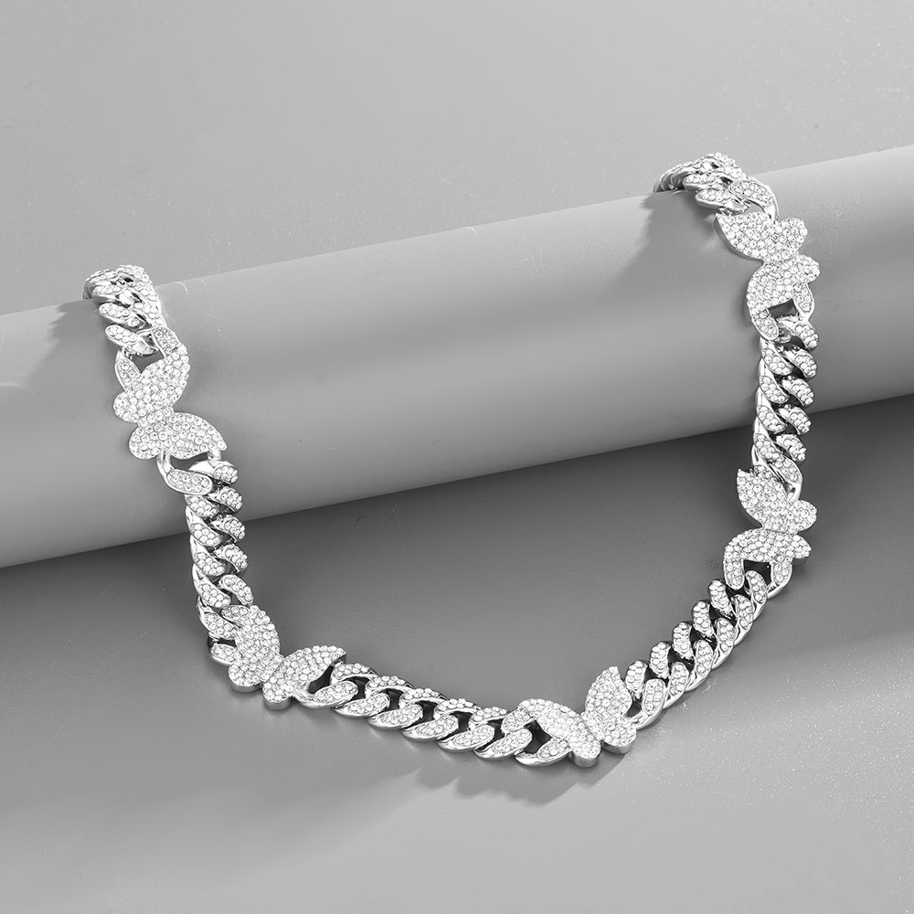 Collier chaîne papillon cuban link avec strass style hip hop_voghion.com