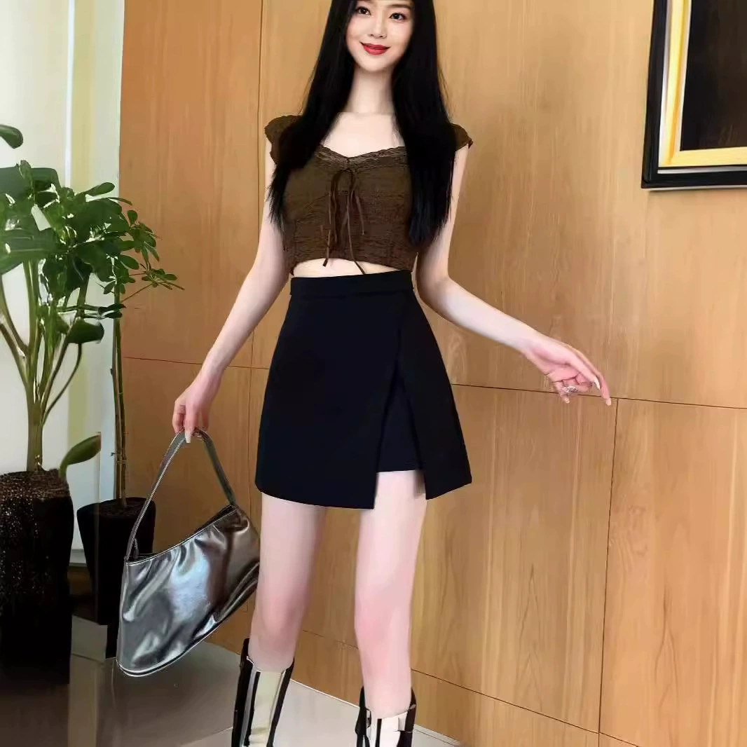 Summer black suit, skirt, mini-skirt, high waist, A-line