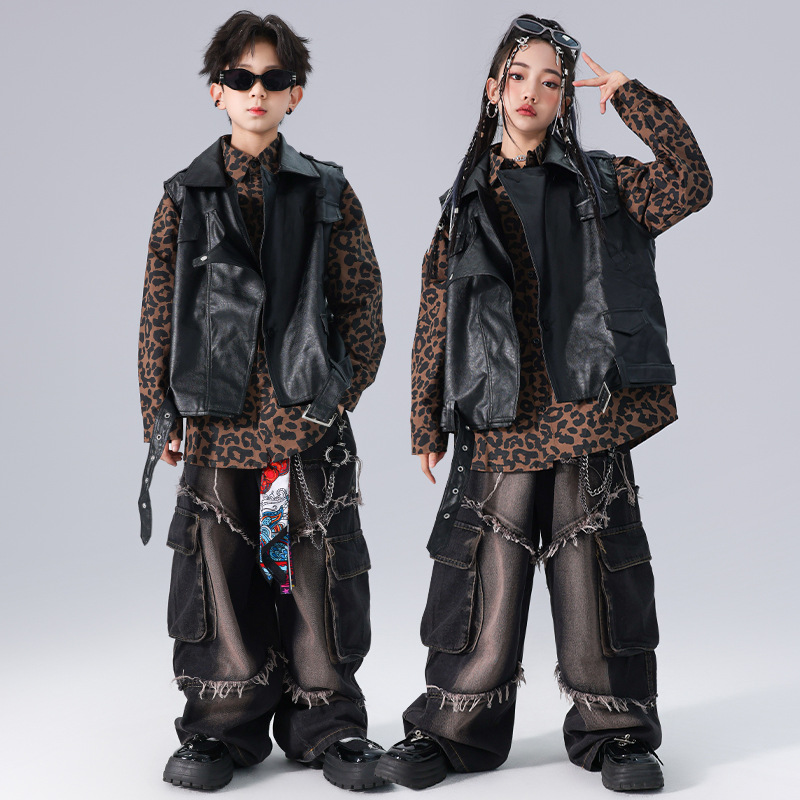 어린이 힙합 패션 의상 소년 세트 힙합 바이커 가죽 의류 소녀들이 거리를 튀기는 것을 과시합니다.