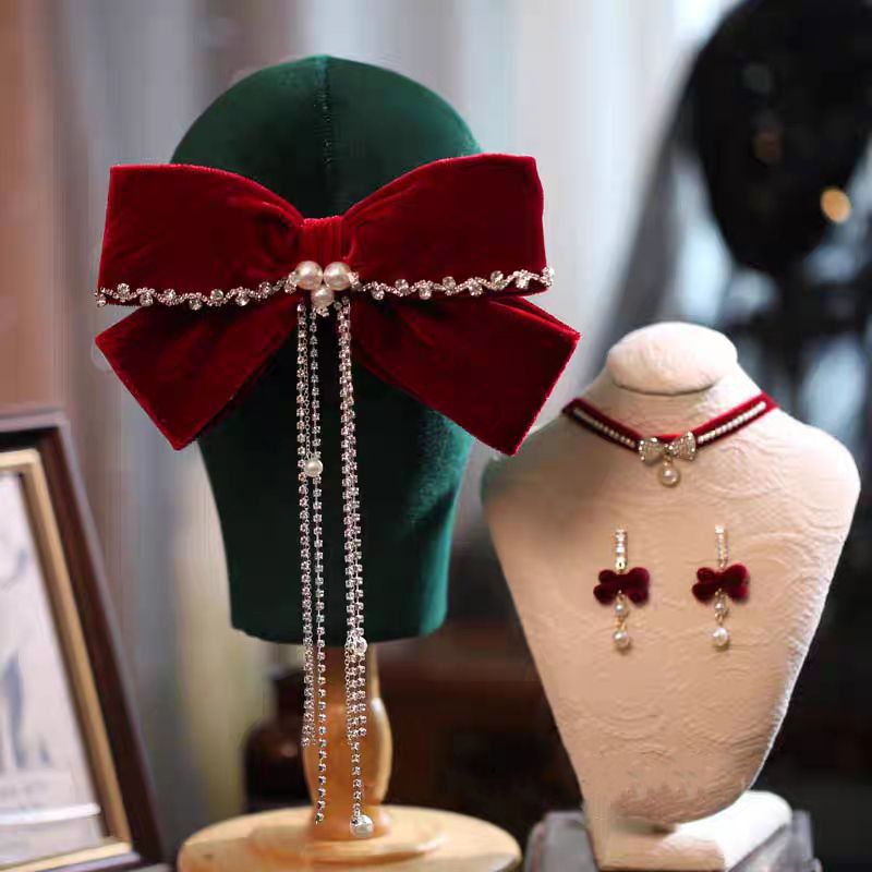 Velvet rojo gran abrazadera de cabello de arco de novia brindis de boda toque de cabeza conjunto de pendientes de compromiso de mujer temperamento de cabello
