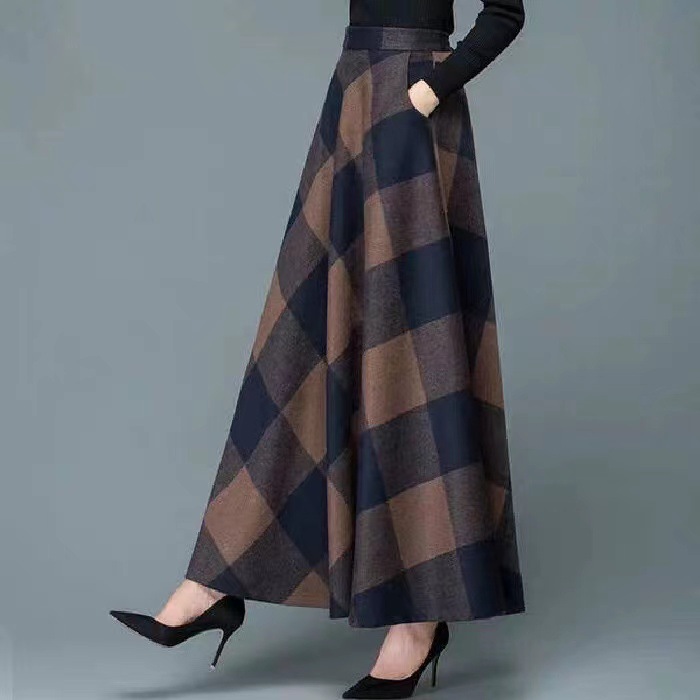 Autumn and Winter Plaid Skirt Women's Retro New Large Size Mid-Length A-Line Skirt Large Hem Skirt High Waist Slim Long Skirt Trendy