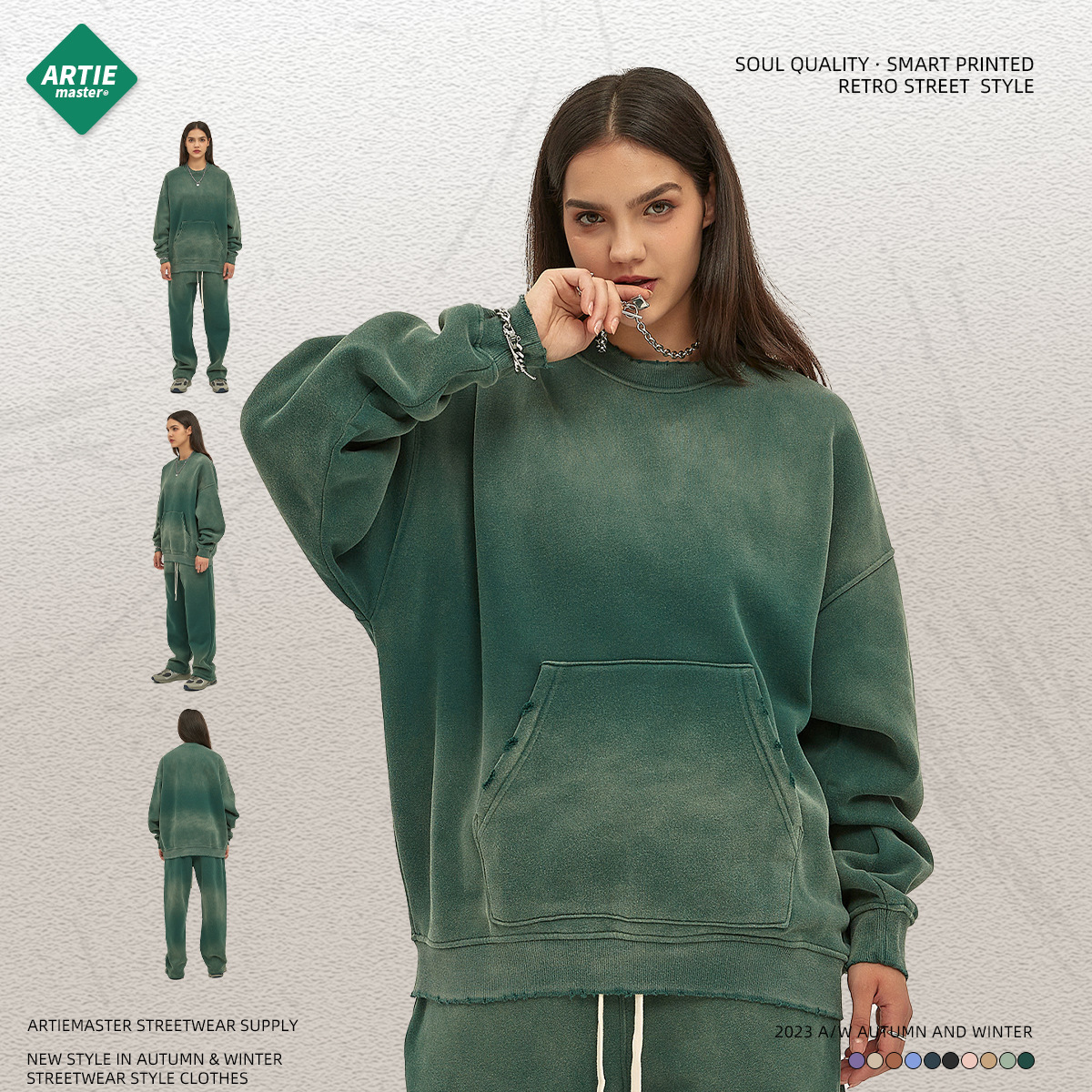 ARTIE ropa de hombre 2023 Otoño e Invierno Nuevo 360g teñido en aerosol angustiado suéter de cuello redondo suéter de hombre lavado desgastado