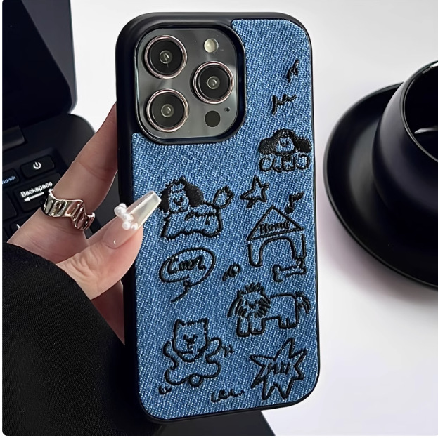 Perro salchicha de lunares de mezclilla bordado coreano para iPhone 15 funda para teléfono móvil 13 Apple 14ProMax cadena 12