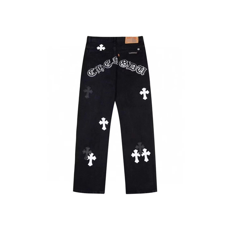 Trendy Brand Men's Jeans, High Street American Style, Loose Fit, Washed, with Leather Cross Patch, Straight Leg, Unisex Long Pants Trendy Brand Men's Jeans, High Street American Style, Loose Fit, Washed, with Leather Cross Patch, Straight Leg, Unisex Long Pants