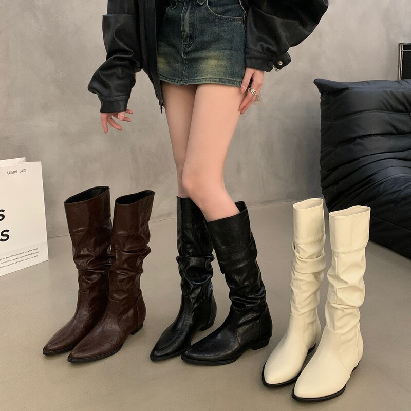 尖头内增高堆堆靴子女2025春秋新款小个子西部牛仔靴骑士靴长筒靴|undefined