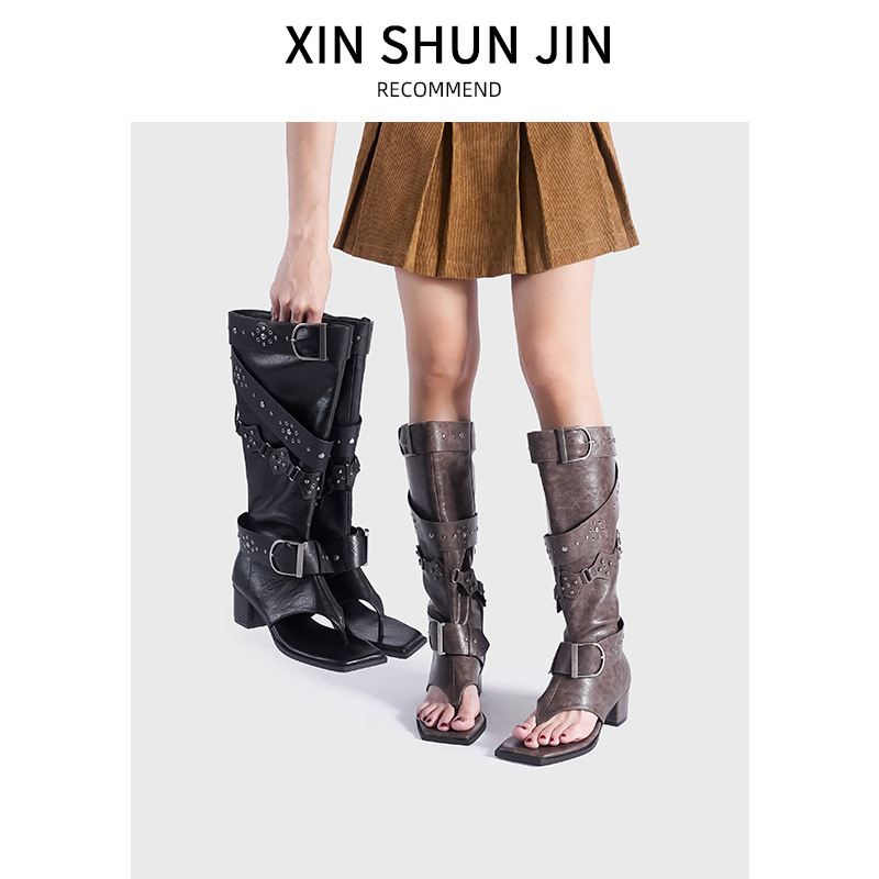 Fried Street High Heel Hot Girl Trousers Boots Women's 2025 Spring and Summer New Arrival Clip Toe Cool Boots with Belt Buckle High Barrel Western Boots Women