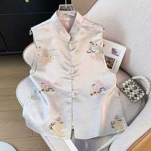 Real Shot of New Chinese Style Improved Ethnic Style Stand Collar Plate Button Satin Jacquard Embroider Han Dynasty Retro Top Vest Jacket