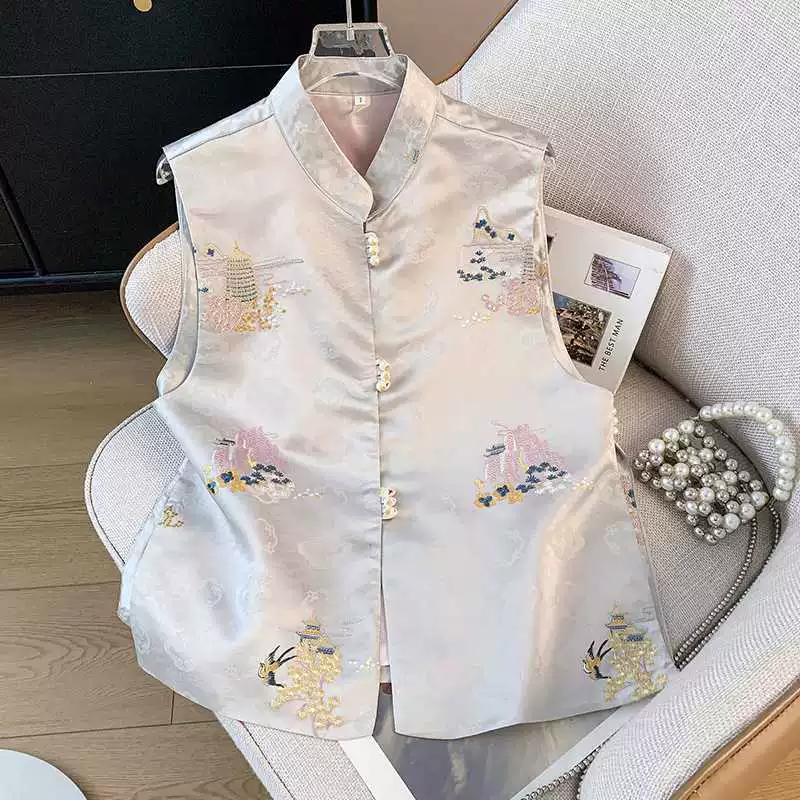 Настоящая фотография нового китайского стиля, улучшенный этнический стиль, воротник-стойка, пуговицы, атласная жаккардовая вышивка, топ в стиле династии Хань, ретро-топ, жилет, куртка