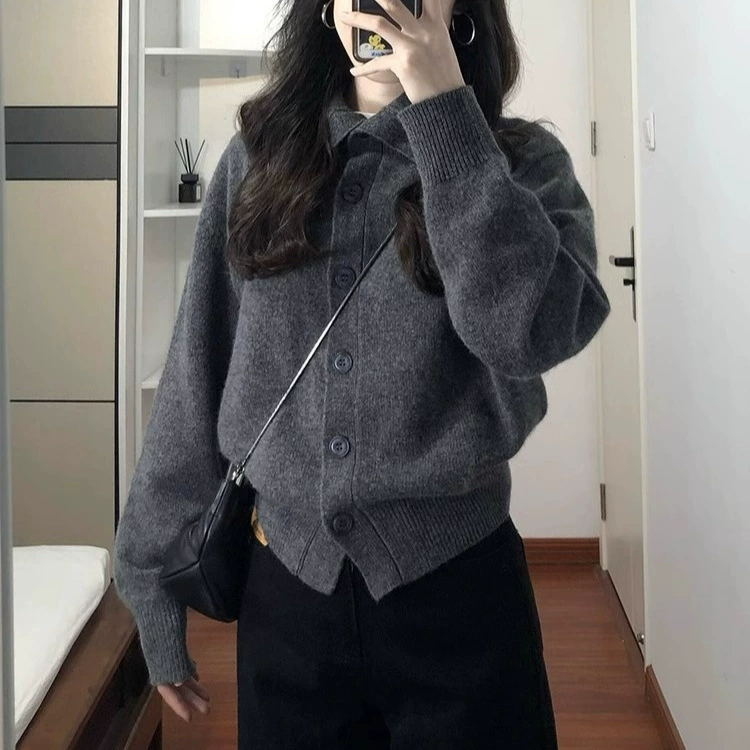 Корейский серый с лацканом толстый кардиган свитер куртка женский 2024 осень и зима новый маленький маленький короткий трикотаж