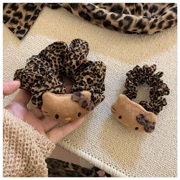 Leopard Print Kitty Scrunchie ~ Black Leather Kt Cat Hair Tie Bun Hair Rope 2025 New Popular Hair Accessory