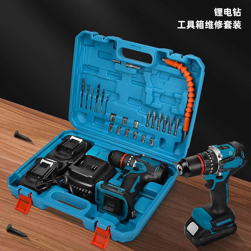 Taladro de mano multifuncional transfronterizo Taladro de litio de impacto de alta potencia Destornillador eléctrico recargable Juego de herramientas de comercio exterior